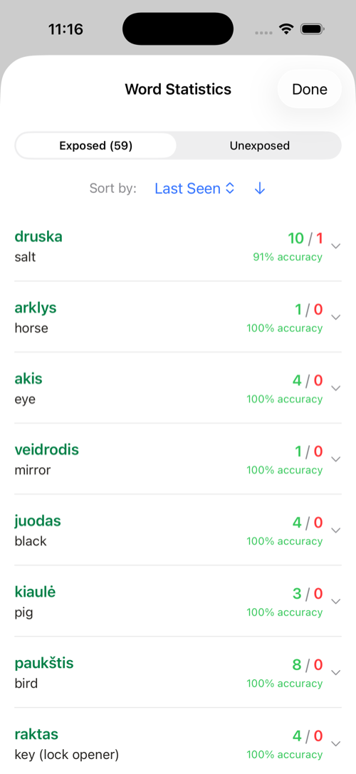 Session statistics for study progress